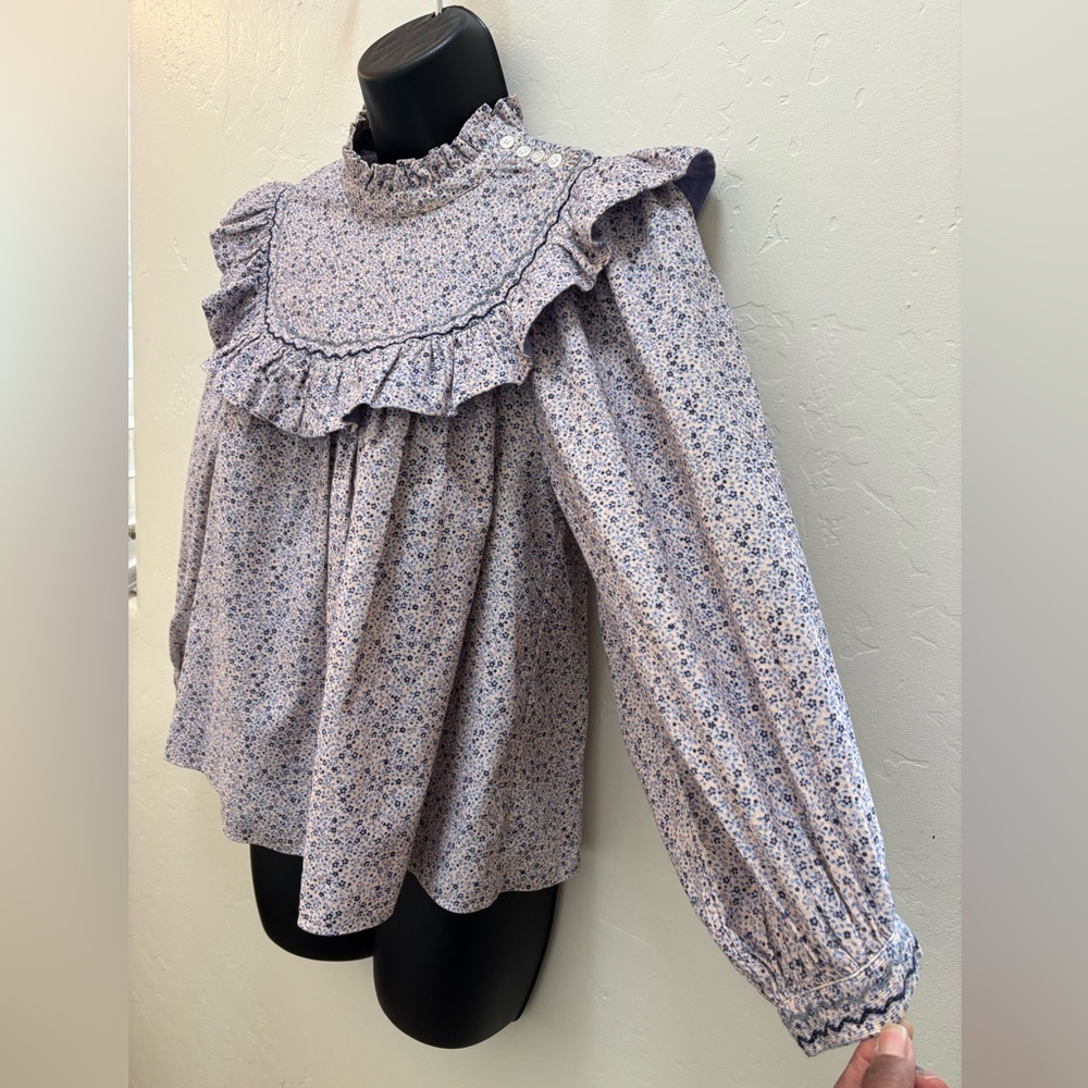 Doen Raina Ruffle Floral Yoke Blouse - Cream/Blue - Picture 4 of 12